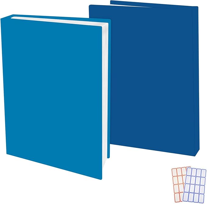 2 Pack Stretchable Book Sleeve Covers, for Paperbacks Hardcover Textbooks up to 9" x 12", Office Supplies with Free Sticker Labels (2 Pack, Light Blue + Blue)
