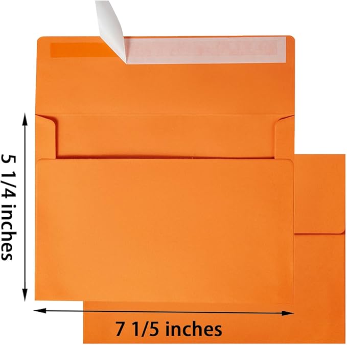 Wishop 100 Pack Orange A7 Envelopes Self-Adhesive 5x7 Envelopes for Invitations, 5x7 Greeting Cards (Dark Orange, 5.24 x 7.21 Inches)