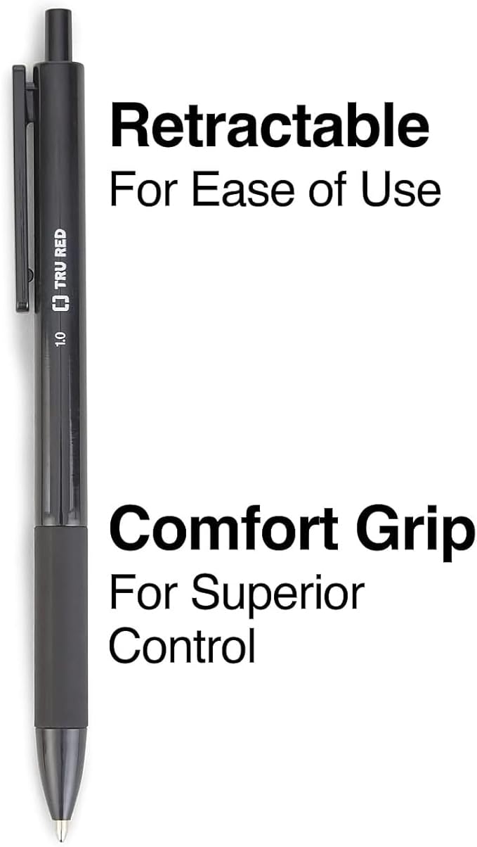 TRU RED TR59161 Ballpoint Gripped Retractable Pen, Medium Point, 1.0mm, Black, Dozen