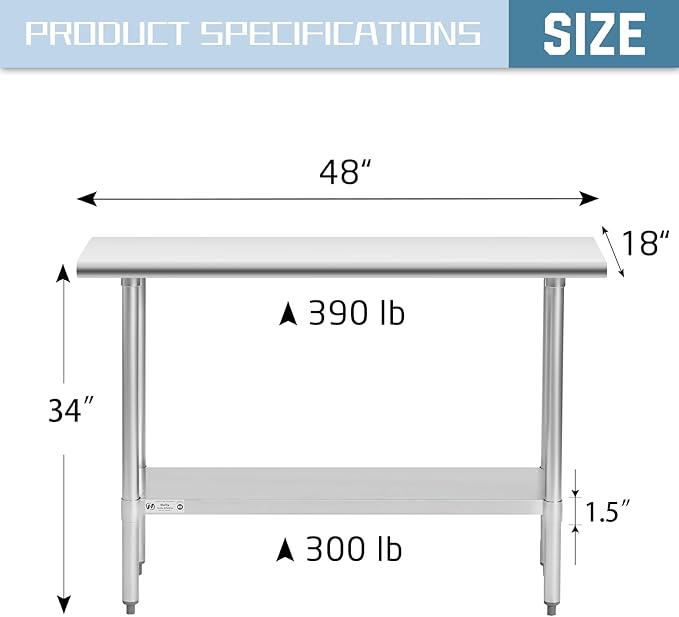 Hally Stainless Steel Table for Prep & Work 18 x 48 Inches, NSF Commercial Heavy Duty Table with Undershelf and Galvanized Legs for Restaurant, Home and Hotel