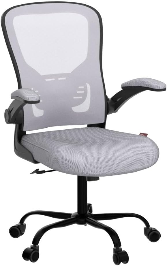 Flysky Ergonomic Office Desk Chair Breathable Mesh Swivel Computer Chair, Lumbar Back Support Task Chair, Grey Office Chairs with Flip-up Arms, Adjustable Height Executive Rolling Chair