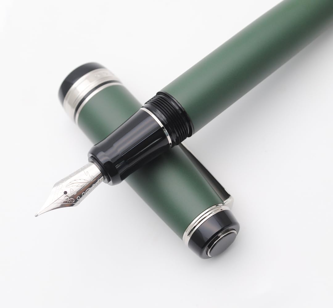 Metal Big Fountain Pen Set Medium Nib 0.7mm, Includes Ink Refill Converter, 5 Ink Cartridges & Gift Box (Medium Nib 0.7mm, Matte Green with Silvery Clip)