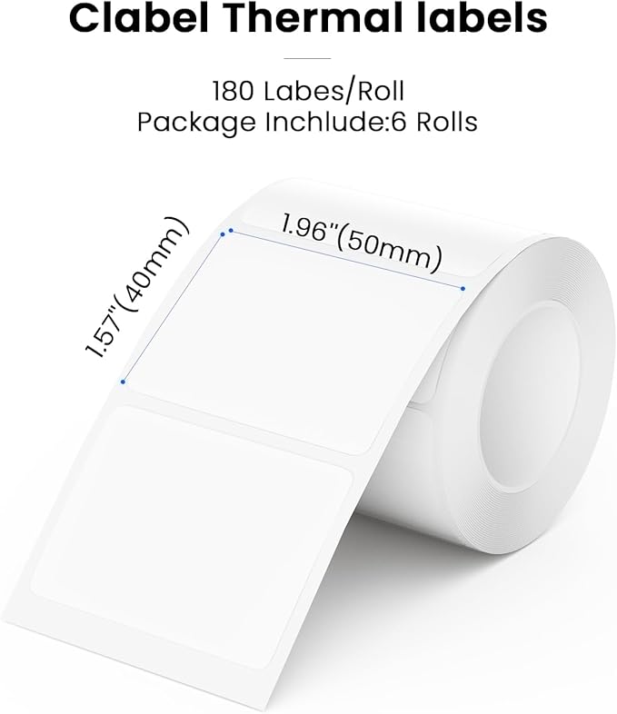 CLABEL 50 x 40mm (1.97'' x 1.57'')-180 Labels/Roll,6 Rolls Labels Multi-Purpose Thermal Stickers Papers Self-Adhesive for Business/Logo/File/Jar/Gift Sticker Labels (White)