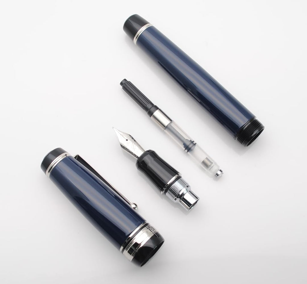 Metal Big Fountain Pen Set Medium Nib 0.7mm, Includes Ink Refill Converter, 5 Ink Cartridges & Gift Box (Medium Nib 0.7mm, Dark Blue with Silvery Clip)