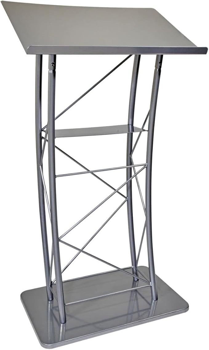 Kingdom KML2S Large Curved Lectern with Shelf, Stand Up Church Pulpit, Slanted Lectern, Conference Podium for Speakers, Speeches, and Other Occasions- Truss Lectern, Silver Powder Coat Finish, Metal