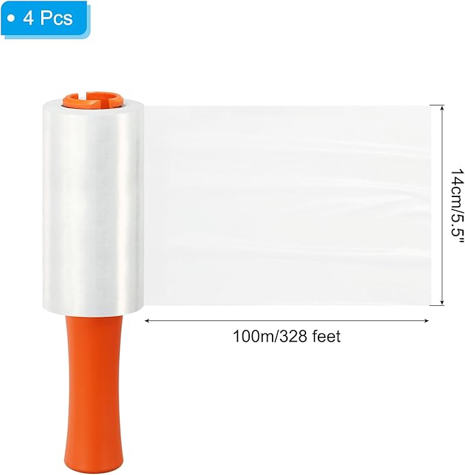 PATIKIL 5.5" x 328 Feet Stretch Wrap Roll, 4 Pack 80 Gauge/20 mic Thick Mini Shrink Stretch Film Industrial Clear Plastic Wrap with Handle for Box Packing Shipping Moving