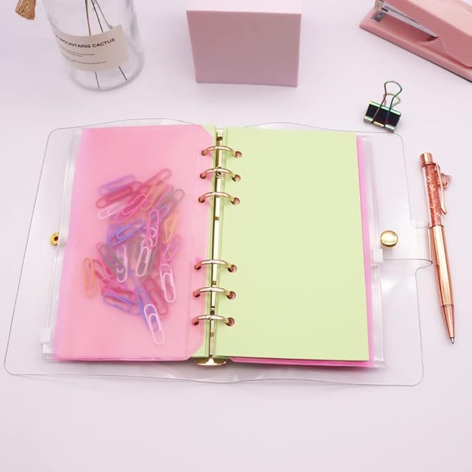 Pink PVC Binder Pockets 12pcs A6 Binders Zipper Pouch Bag Loose Leaf 6 Holes PVC Zip Organizer Folder for Journal Budget Filing Pocket Bags