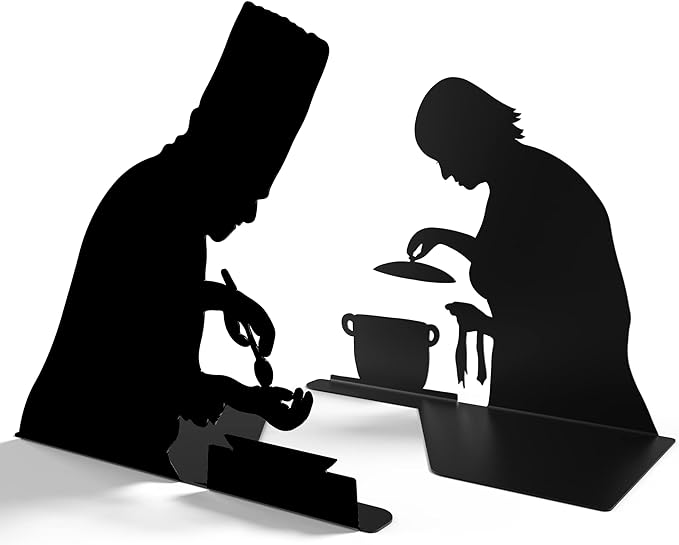 Unique Metal Decorative Bookends - Whimsical Hidden Book Ends for a Cool Book Holder Display - Cute Home Decor and Modern Gift Idea for Shelves Desk or Table (Cooking)