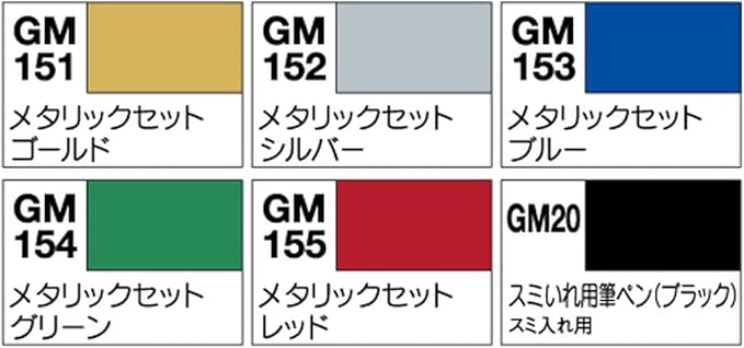 MR.HOBBYミスターホビー GMS121 Gundam Metallic Marker Set, Paint Type, Felt Tip Pens, for Painting Gunpla, 5 Colours & GM20 Brush Type Black, Set of 6, Chisel