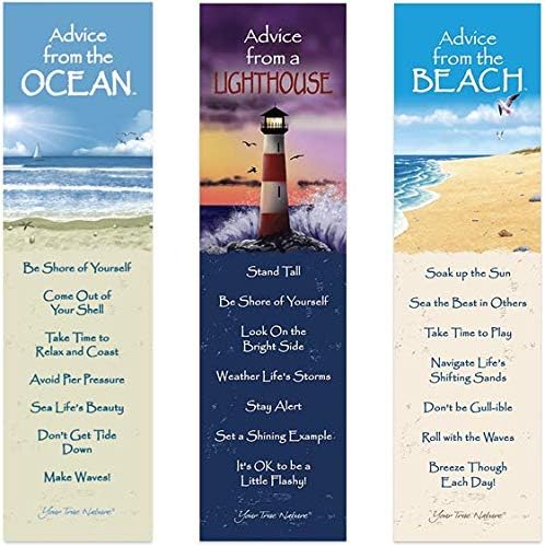 Advice from Nature 3 Bookmark Coastal Set, Laminated with Glossy Finish, Printed on Recycled Paper - Ocean, Lighthouse, Beach (AMBM-Coastal)