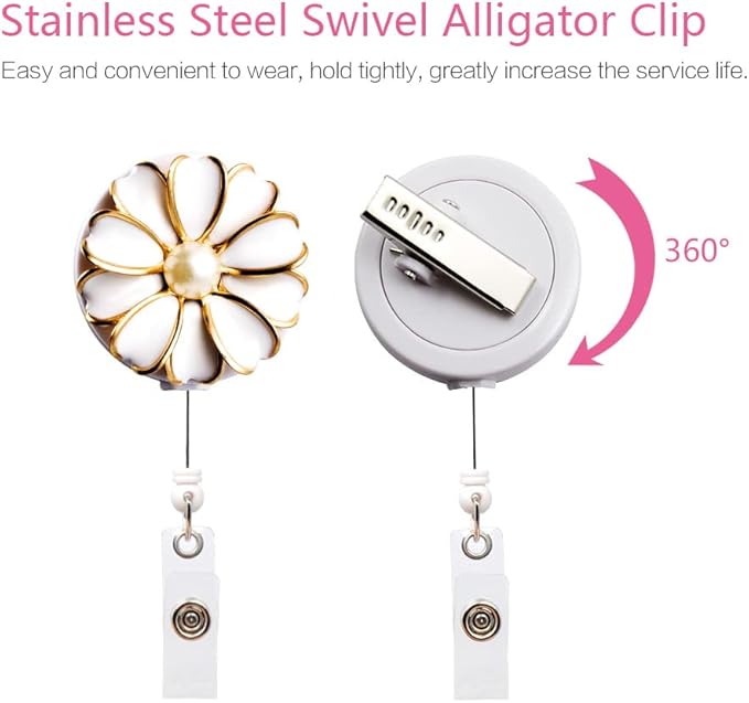 Retractable Badge Holder, ID Badge Reel with Pearl, 3 Pack (White)