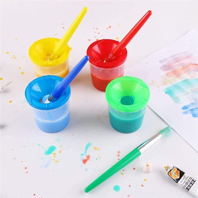 DIYASY 4 Pcs Kids No Spill Paint Cups and 4 Round Paint Brushes 4 Colors Spill Proof Paint Cups for Children’ Art Class and Home.