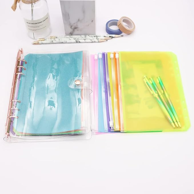 Colorful PVC Binder Pockets 12pcs A5 Binders Zipper Pouch Bag Loose Leaf 6 Holes PVC Zip Organizer Folder for Journal Budget Filing Pocket Bags