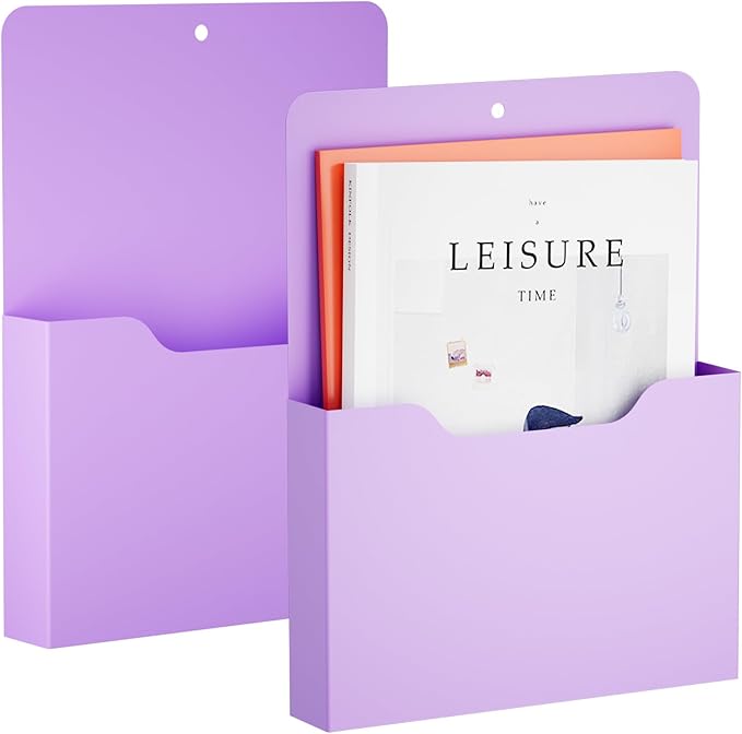 2 Pack Magnetic File Holder - Paper Holder, Pocket Organizer,Hanging Wall File Organizer Office Supplies Storage, Magazine Mail Organizer Case for Notebooks,Planners,Letter (Purple)