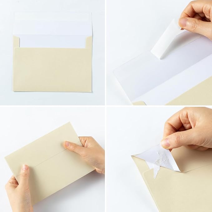 Wishop 50 Pack Shiny Self-Adhesive Envelopes with Shiny Fold Cards for Wedding Invitations, Greeting Cards, Baby Shower, Letter Mailing (Cream Color, 4x6)