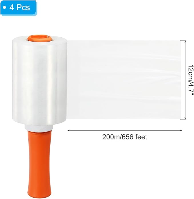 PATIKIL 4.7" x 656 Feet Stretch Wrap Roll, 4 Pack 80 Gauge/20 mic Thick Mini Shrink Stretch Film Industrial Clear Plastic Wrap with Handle for Box Packing Shipping Moving