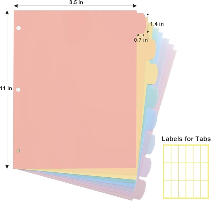 8 Count/1 Set Write & Erase Binder Dividers with Tabs, Durable Plastic 8 Tab Dividers for 3 Ring Binder Letter Size, Separators for Student School Home Office Document Organizer, Pastel