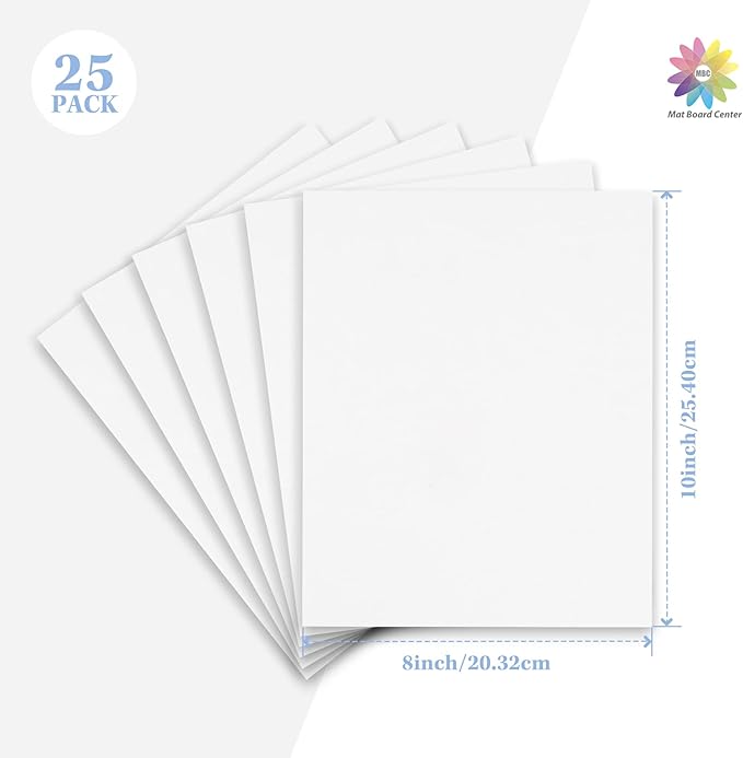Mat Board Center, 25 pack 8x10 Corrugated Cardboard sheet, 1/8 inch thick, Flat Cardboard Inserts for Mailing, Packaging & Shipping, Cardboard Backing, Craft Card Board (White on one side)
