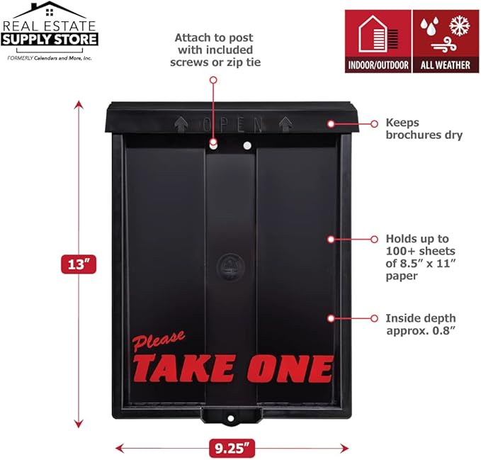 Outdoor Real Estate Brochure Box with Snap Shut Lid, Take One Document Holder Holds 100+ 8.5x11 Documents, Flyers, Literature and Other Outdoor Marketing Needs