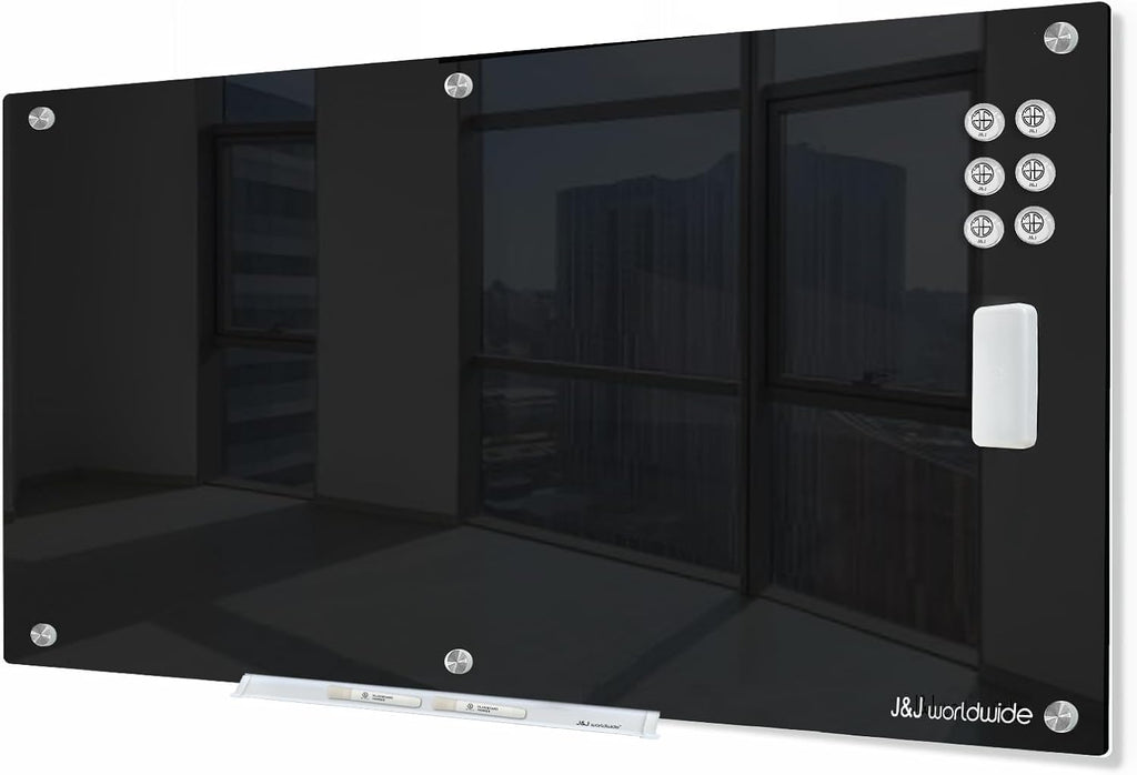 J&J worldwide Glass Whiteboard 6' x 4', Magnetic Black Glass Dry Erase Board, Black White Board Frameless, Includes Markers, Magnets, Marker Tray, Eraser for Wall, Office, Home, School