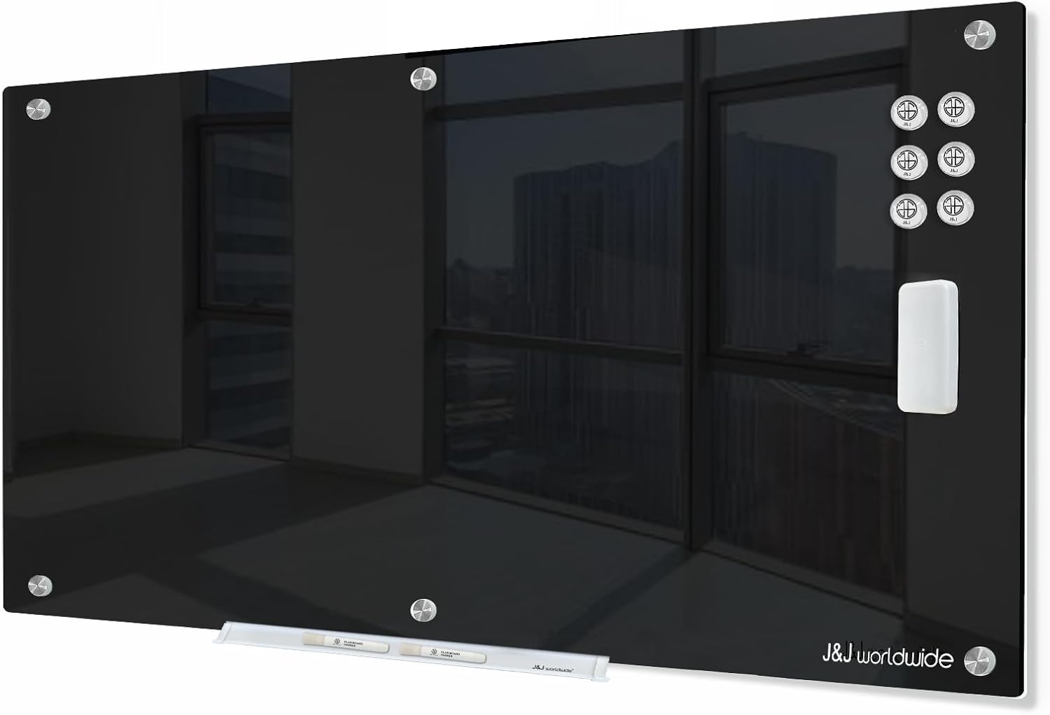 J&J worldwide Glass Whiteboard 6' x 4', Magnetic Black Glass Dry Erase Board, Black White Board Frameless, Includes Markers, Magnets, Marker Tray, Eraser for Wall, Office, Home, School