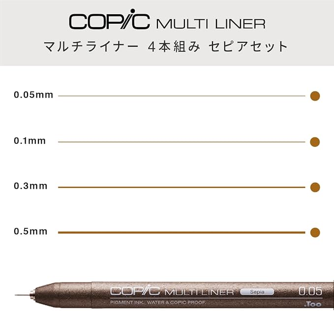 Copic Markers Multiliner Sepia Pigment Based Ink, 4-Piece Set
