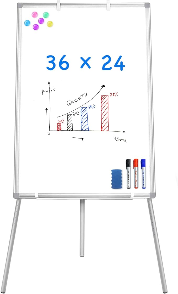 Easel Whiteboard - Magnetic Portable Dry Erase 36 x 24 Tripod Height Adjustable, 3' x 2' Flipchart Easel Stand White Board for Office or Teaching at Home & Classroom (36x24 White)