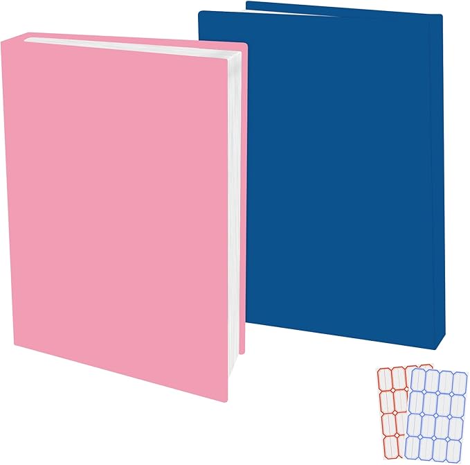 2 Pack Stretchable Book Sleeve Covers, for Paperbacks Hardcover Textbooks up to 9" x 12", Office Supplies with Free Sticker Labels (2 Pack, Pink + Blue)