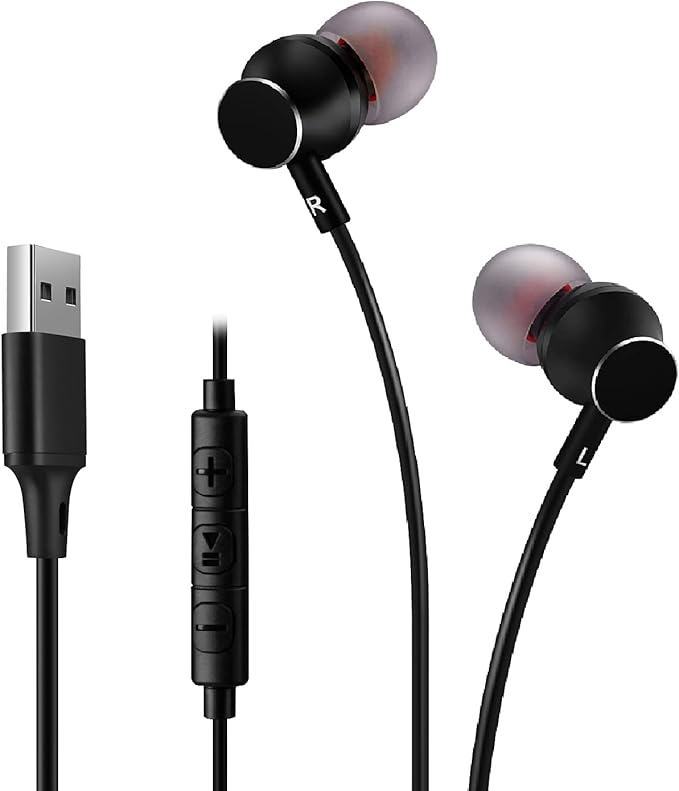 USB Earbuds Headphones for Computer, Noise-Isolation in-Ear Earphones with Microphones, USB DAC & 1.8M Cord, Universally Compatible with Laptop, Desktop PC, Mac, BSU-02B