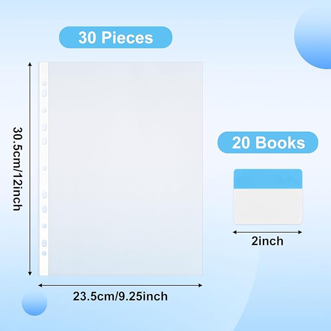 30 Pack A4 Plastic Sleeves Binder Pocket Dividers with 400 Tabs, Reusable Clear Page Protectors Index Dividers for 2/3/4 Ring Binder, Clear Plastic Sheet Protectors