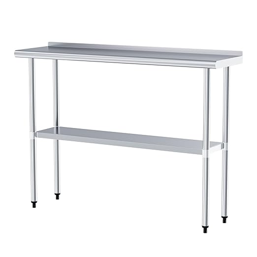 Stainless Steel Table 14 x 48 Inches Metal Prep Table with Backsplash & Adjustable Undershelf for Commercial Kitchen, Outdoor, Restaurant, Hotel & Garage