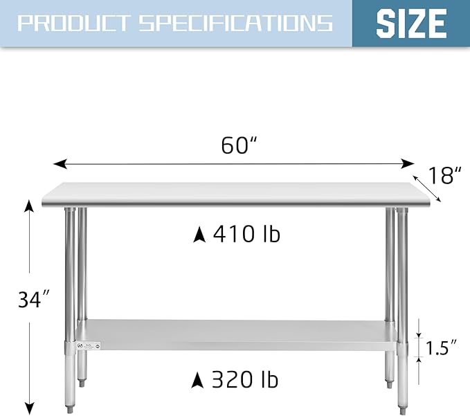 HALLY Stainless Steel Table for Prep & Work 18 x 60 Inches, NSF Commercial Heavy Duty Table with Undershelf and Galvanized Legs for Restaurant, Home and Hotel