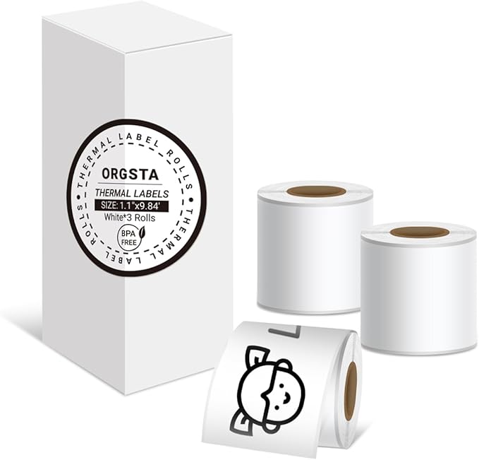 White Self-Adhesive Thermal Paper, Printable Sticker Paper for ORGSTA S002 Portable Sticker Printer, Black on White, 28mm x 3m Mini Printer Paper for Journal, Photo, Study Notes - 3 Rolls