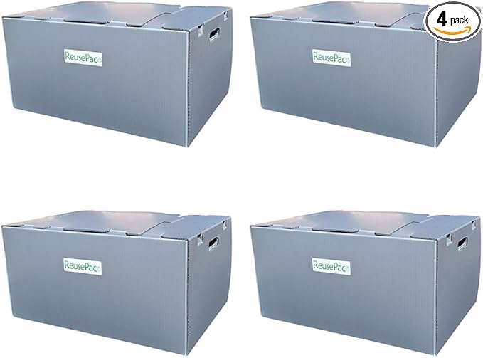 Reusable Foldable Box Corrugated PP Lightweight, Storage Moving, Heavy Duty Stackable, Tape Free Self-Locking Lid, Handles for Business Home In/Outdoors X-Large (Gray, 24x16x12 in)