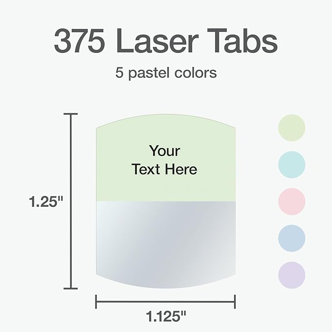 Redi-Tag Laser Printable Tabs, Permanent Index Tabs, Customizable Adhesive Labels, Assorted Pastel Colors, 1.125" x 1.25", 375 Per Pack (1006791)