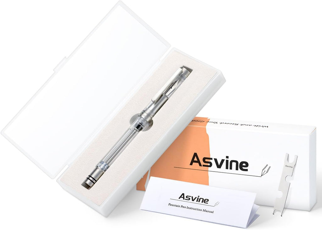 Asvine V200 Titanium Fountain Pen Vacuum Filling, Iridium Medium Nib Clear Transparent Acrylic Smooth Writing Pen Case Set