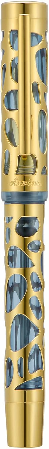 Asvine V169 Vacuum Filling Fountain Pen Fine Nib, Water Drop Skeleton Gold Trim Transparent Gray Blue Acrylic Pen Case Set