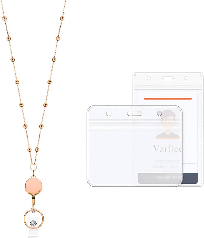 Retractable Badge Reel Lanyard with 2 Pieces ID Holder for Women, Fashion Beaded Chain Premium Stainless Steel Lanyard Necklace Water Resistant Name Badge Holder