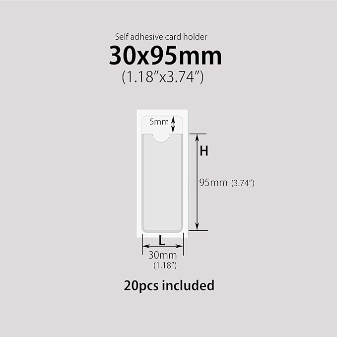 Clear Adhesive Pockets Sleeves,Plastic Self Adhesive Label Holders Pockets Holder for Index Cards Planners Cabinets Shelves (1.18"x3.74"(30x95mm)-20PCS)