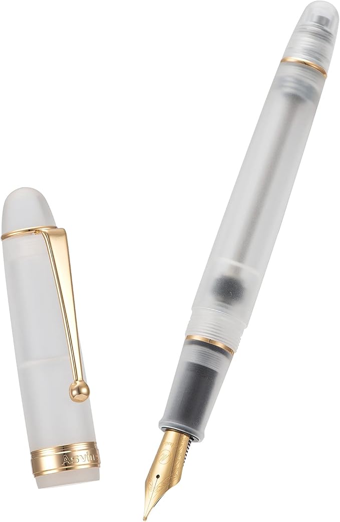 Asvine V126 Vacuum Filling Fountain Pen Gold Plated Fine Point, Frosted Transparent Clear Acrylic Pen Gift Case