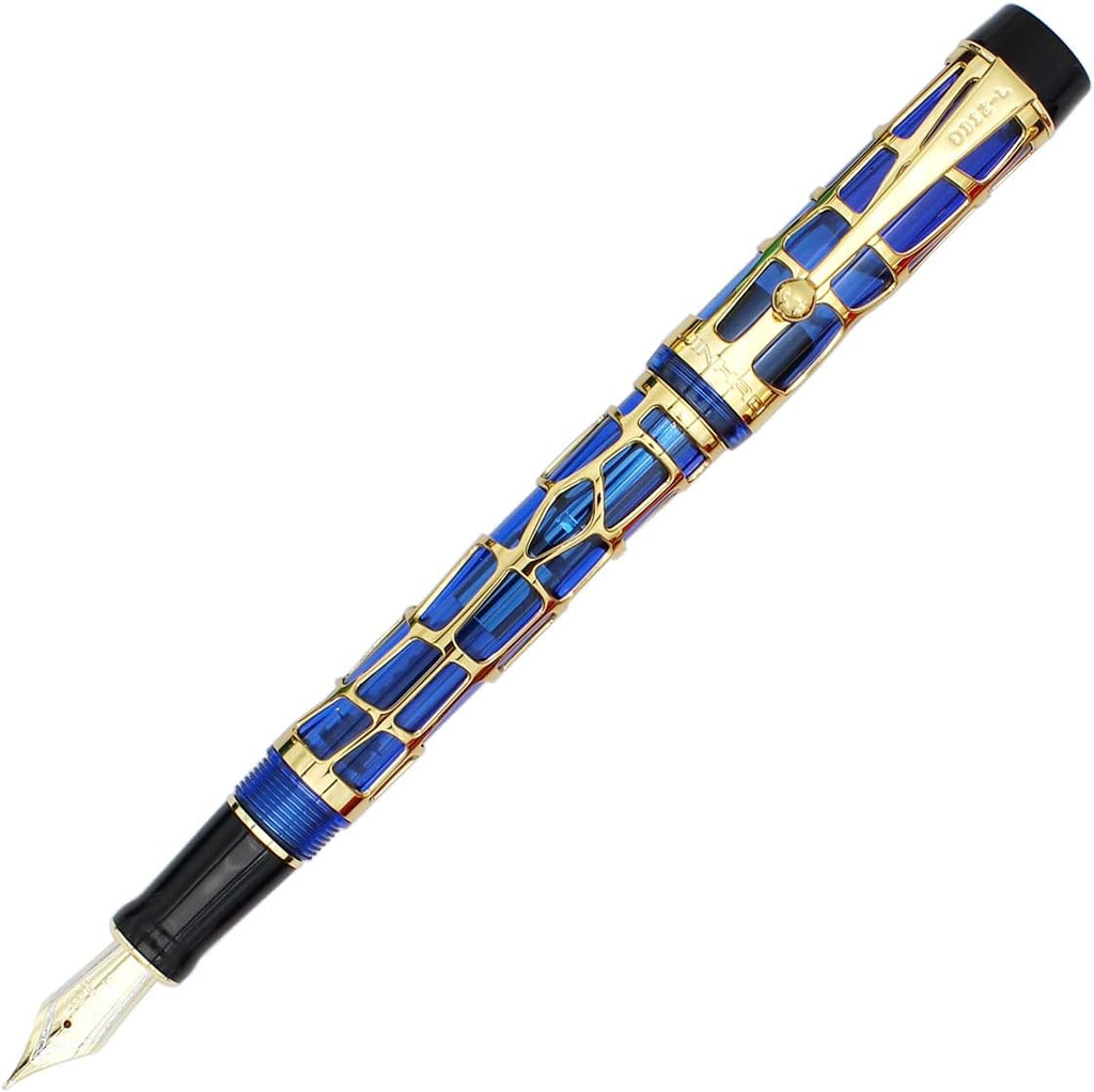 Gullor Century 100 Fountain Pen, Skeleton Hollow-out Series Golden, Screw-Cap, Fine Nib, Transparent Blue