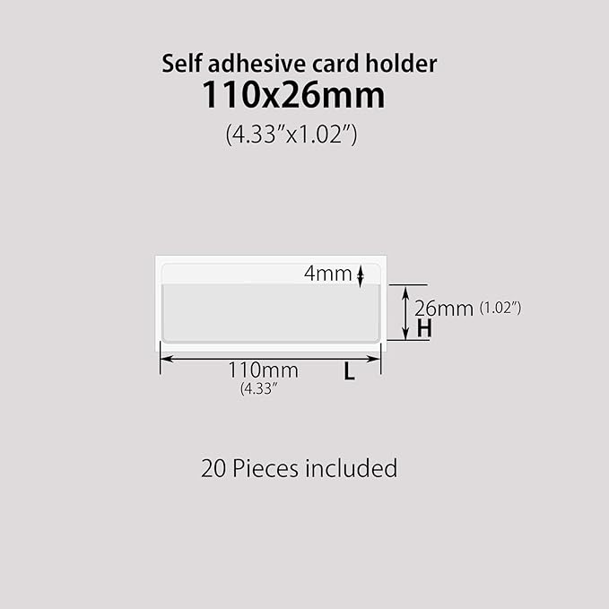 Clear Adhesive Pockets Sleeves,Plastic Self Adhesive Label Holders Pockets Holder for Index Cards Planners Cabinets Shelves (4.33"x1.02"(110x26mm)-20PCS)