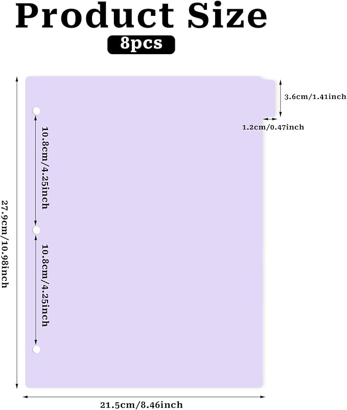 3 Ring Pink Binder Dividers with 8-Tabs, A4 Purple Binder Dividers, Sturdy Plastic Dividers, Aesthetic Dividers for Binder, Suitable for Notebooks and Binders, Tabs for Binder, 3 Hole Punch(Purple,A4)