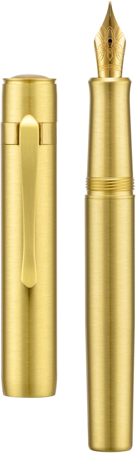 Hongdian M2 Black Forest Mini Fountain Pen, Medium Soft Golden Nib & Sleek Shape Brass Short Pocket Travel Pen (Glossy Brass)