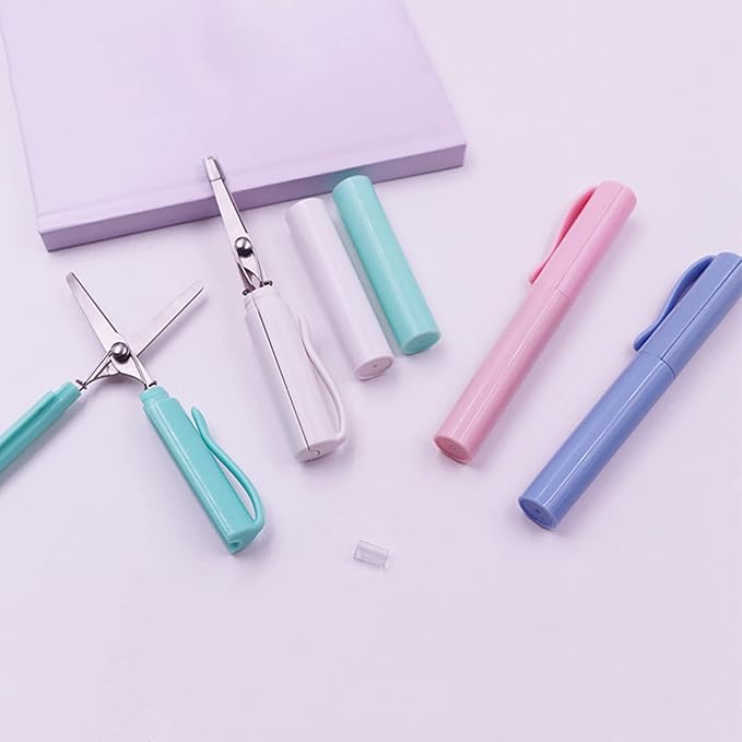 Pen Style Scissors with Cover Foldable Scissors Student Scissors Small Craft Scissors Embroidery Scissors for School, 1.4*2*11.4cm, Pink