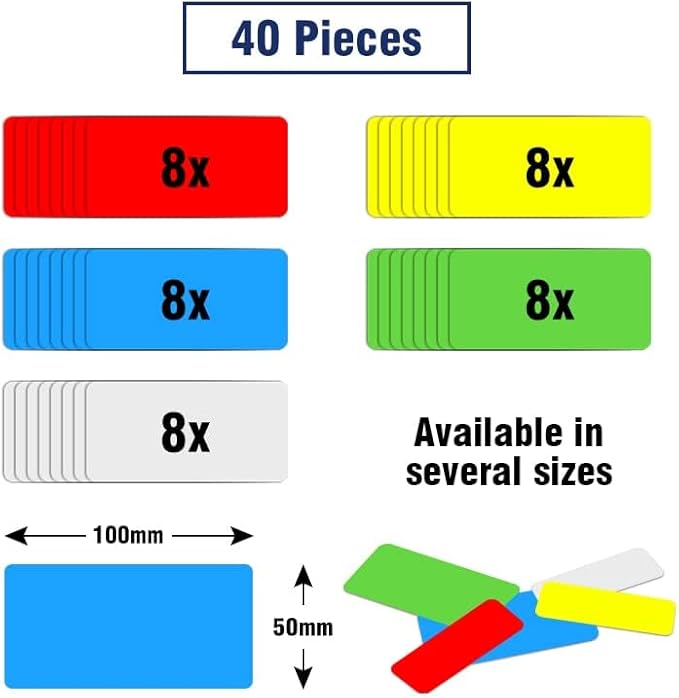 Dry Erase Magnetic Labels, 4x2 Inch, 40 Pieces in 5 Colors, Reusable, for Whiteboards, Locker, School, Classroom, Office, Home