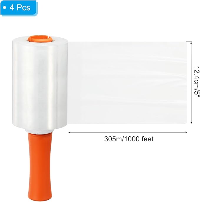 PATIKIL 5" x 1000 Feet Stretch Wrap Roll, 4 Pack 60 Gauge/15 mic Thick Shrink Stretch Film Industrial Clear Plastic Wrap with Handle for Box Packing Shipping Moving