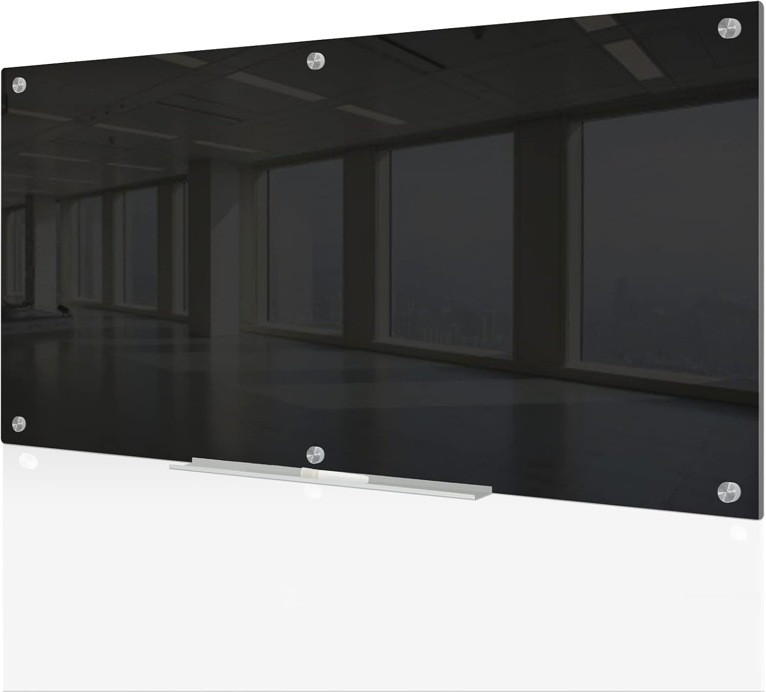 J&J worldwide Black Glass Whiteboard Magnetic Dry Erase Board 6' x 3', Large Frameless Glass White Board Wall Mounting for Office, Home, School, Includes Magnets, Marker Tray, Eraser