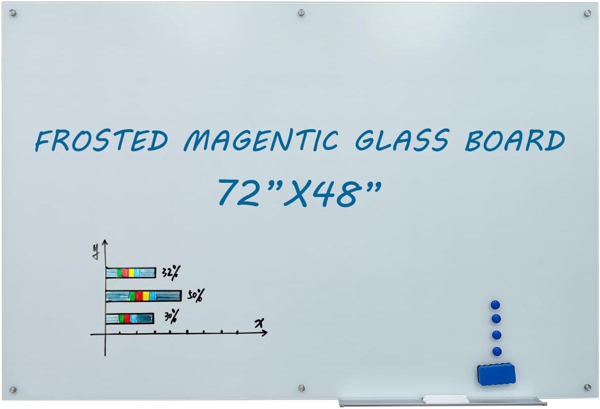 Magnetic Frosted Glass Whiteboard 48"x72" Glass Dry Erase Board 48"x72" Wall Mounted Frameless White Glassboard for Office School Home Shop