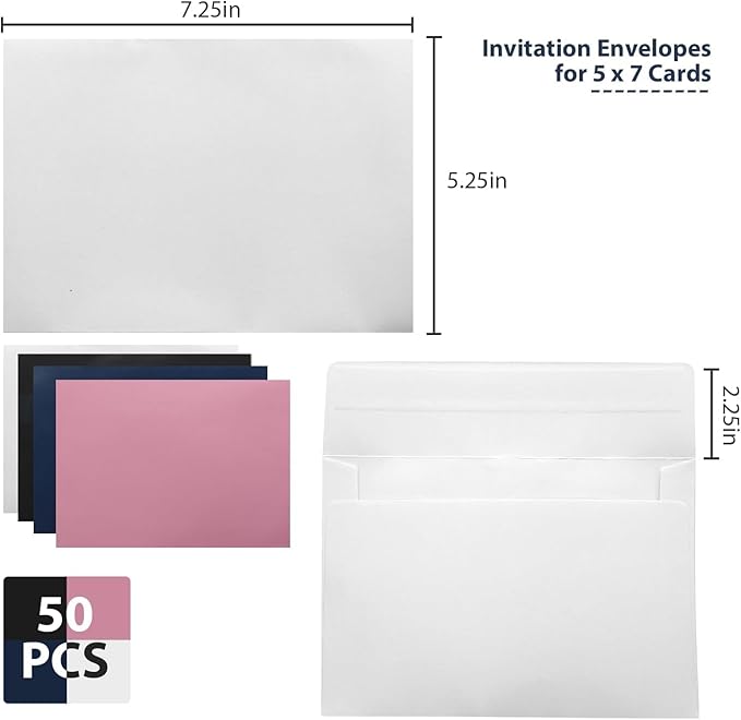 50 Packs 5x7 Envelopes,White A7 Envelopes,5x7 Envelopes for Invitations,Envelopes Self Seal for Weddings,Greeting Cards, Mailing, Invitations, Photos, Postcards，Printable Invitation Envelopes